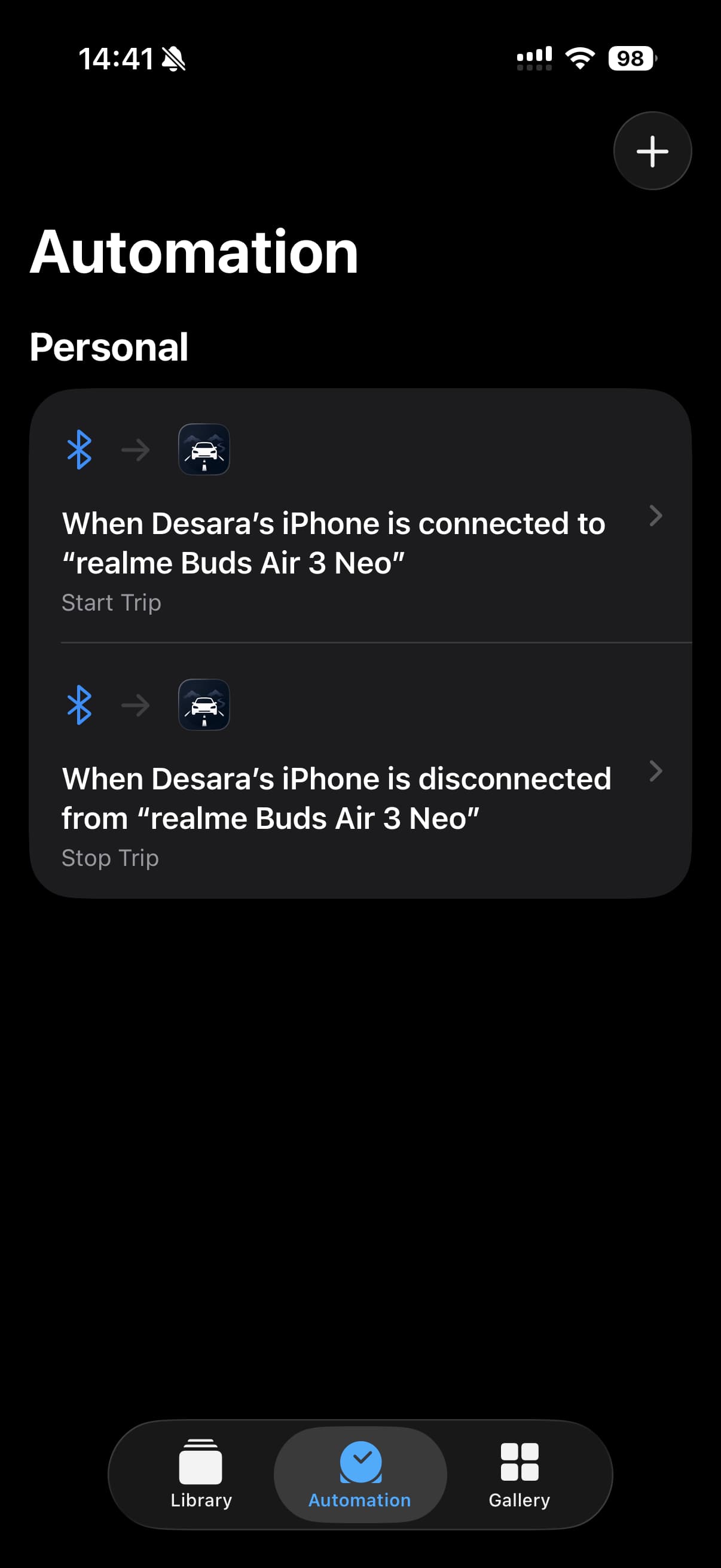 iOS Shortcuts automation setup showing Start Trip on Bluetooth connect and Stop Trip on Bluetooth disconnect