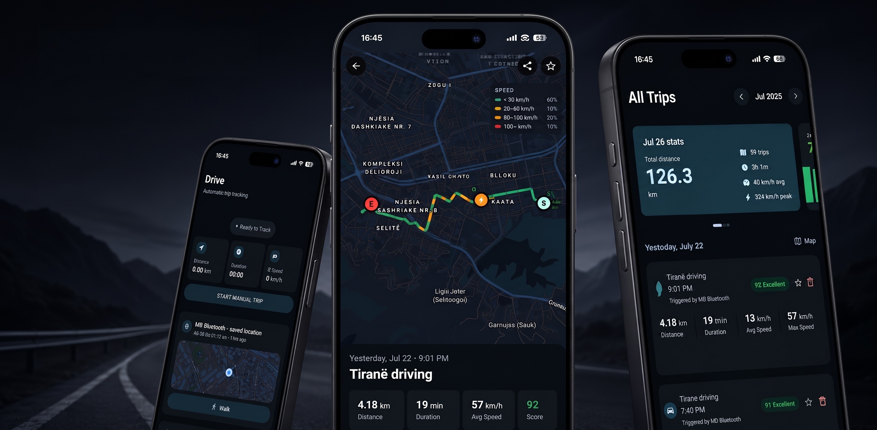 DriveTrack on three phones: the Drive screen, a speed-coloured trip route, and the All Trips list with driving scores